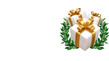 Приветственный бонус от Казино Пинко с изображением ярких подарков и зелёных листьев.